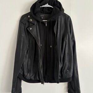 Black Faux Leather Jacket with Hoodie